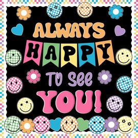 Smiley Face Bulletin Board Decoration Set Always Happy to See You Checkered Retro Classroom Decor Colorful Groovy Smile Face Decorations for Back to School Preschool Kindergarten Wall Door Decor