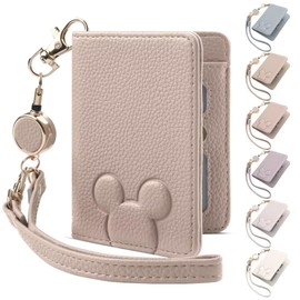 Shirizu Pass Case with Reel, ID Card Holder, Leather, Cute, 3D Animal, Card Case, Thin, Unisex, Mini Wallet, Bifold IC Card Case, Employee ID Card, Stretchable, Reel Included, Coin Case, Commuting to Work or School, Wallet, Pass Case with Reel, Women's, Fashionable (D Beige Pink)