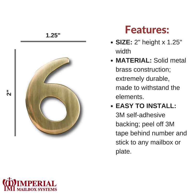 Self-Adhesive 2" Inch Imperial Brass Mailbox Number #6