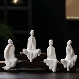 Kingzhuo A Collection of 4 White Ceramic Cute Sitting Buddha Statues Beautiful Sculpture Meditation Monk Figurines Peaceful Little Statue Home Decor Ornaments Delicate Crafts 4'' Inch Tall (4)