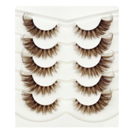Vivis Wispy Cat Eye False Eyelashes, Brown Long Fluffy Winged Style Fake Lashes, 1.5cm, 5 Pairs