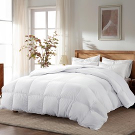 WarmKiss Queen Size Goose Feather Down Comforter – Ultra-Soft 100% Cotton Cover, Moisture-Wicking, Natural Kapok Fill, 46oz Medium Warmth, All-Season Fluffy Duvet Insert (90x90, White)