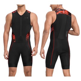 Santic Men's Triathlon Suit Sleeveless Skinsuit Padded Quick-Dry Swim Bike Run with Pockets,Black/red,M