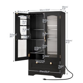 HOOBRO Kitchen Pantry Cabinet, Pantry Cabinet with Cup Holders and Wine Rack, Pantry Storage Cabinet with Charging Station and LED Lights, Pantry with Drawers for Dining Room, Black and Gold