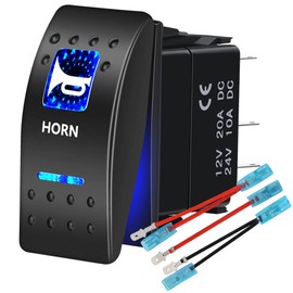 AUKA Momentary Horn Rocker Switch Waterproof 12V/20A 24V/10A, 5Pin SPST Mom (ON)-Off Toggle Switch Blue LED Light, with Jumper Wires Set for Car Truck Marine Boat Trailer 4x4 Caravan RV SUV ATV UTV