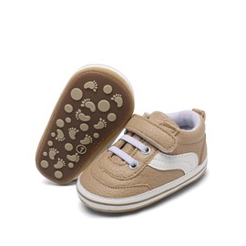 Shidangdisk Baby Shoes Boys Girls Infant Sneakers PU Leather Non-Slip Soft Rubber Sole Toddler Crib First Walker Shoes (0102a/Khaki, Infant, 0 Months, Age Range, US Footwear Size System, 6 Months, Medium)