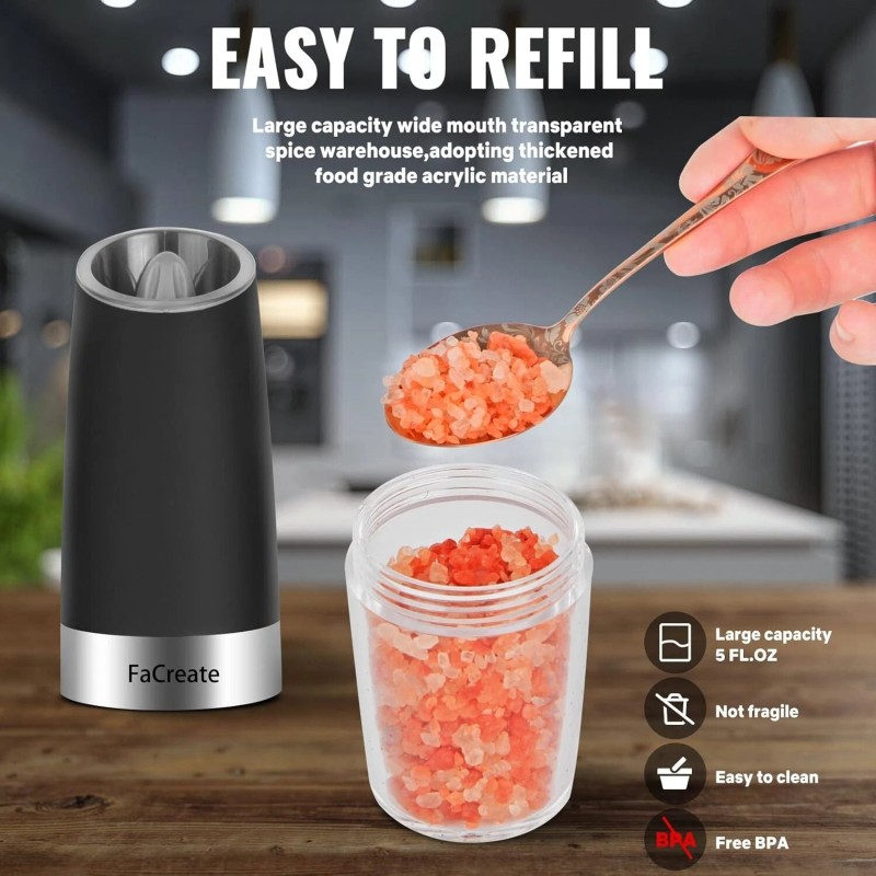 FaCreate Gravity Electric Salt and Pepper Grinder Set,Automatic Operation