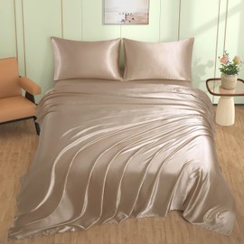VACVELT 4pcs Beige Satin Bed Set, Full Size, 15 Inch Deep Pocket, 1 Fitted Sheet + 1 Flat Sheet + 2 Pillowcases