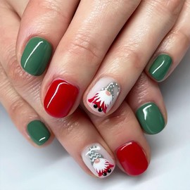 Christmas Press on Nails Short Square Cartoon Dwarf Fake Nails, Green Red Acrylic Nails, Glossy False Nails Kits Salon Quality Winter Stick Glue on Nails Tip 24 Pcs