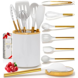 8 Piece White and Gold Kitchen Utensils – White Silicone Cooking Utensils Set, Ceramic Utensil Holder & Stackable Gold Spoon Rest –Nonstick, Non-Toxic, Heat Resistant, Luxury Kitchen Accessories