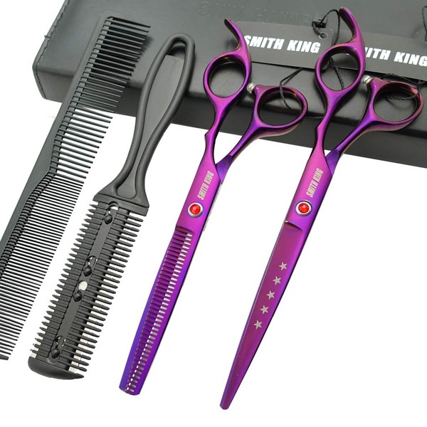7.0 Inches Hair Cutting Scissors Set with Combs Lether Scissors Case,Hair cutting shears Hair Thinning shears For Personal and Professional (Violet)