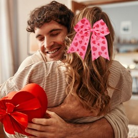 Valentine's Day Heart Hair Bows Large Pink Bow Hair Tie Love Ribbon Cheer Bow Ties Elastic Hair Tie Ponytail Holder Cheerleading Hair Band Valentines Hair Accessory for Women Girls