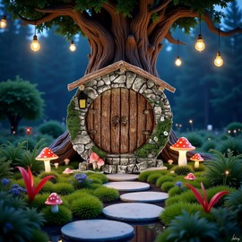 Brown Fairy Garden Doors and Windows for Trees, Mini Fairy Statues Wall and Trees Outdoor Wooden Doors and Windows in The Yard Garden, Sculptures and Statues, Outdoor, Decorations