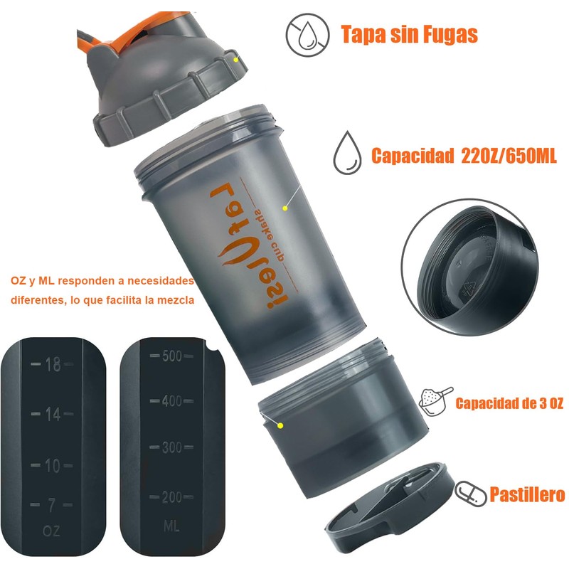Vaso Proteina Shaker（650ml）,Protein Shaker Bottle,Vaso para Proteina con Mezclador,Botella para