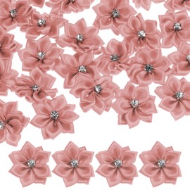 M METERXITY 100-Pack Satin Ribbon Flowers, 1.2 Inch Mini Fabric Flowers with Rhinestones Flower Ribbon Appliques for Crafts DIY/Wedding/Ornament/Party/Home [Champagne]