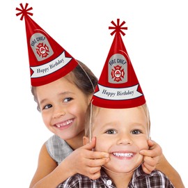 Big Dot of Happiness Fired Up Fire Truck - Cone Happy Birthday Party Hats for Kids and Adults - Set of 8 (Standard Size)