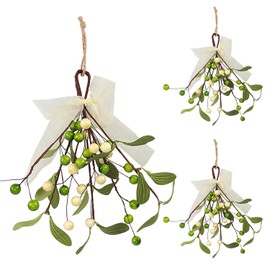 Kunjocy Pack of 3 Artificial Mistletoe Picks, Fake Mistletoe Branches with Berries and Ribbon Faux Mistletoe Hanging Ornament Christmas Tree Ornaments for wreaths garlands Windows Party Decor (Green)