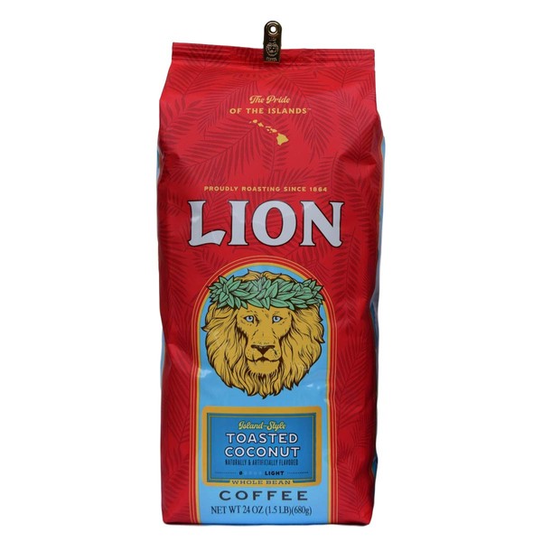 Lion Coffee, Toasted Coconut Flavor, Light Roast, Whole Bean, 24 Ounce Bag
