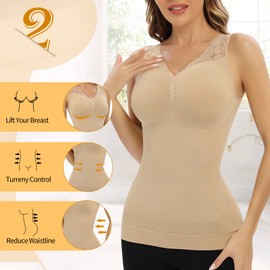 Ellareese Shapewear for Women Tummy Control Compression Top V-neck With Lace Straps Built in Bra