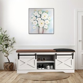 47'' Farmhouse Shoe Storage Bench with Padded Seat Cushion, End of Bed Entryway Bench with 2 Barn Doors, Adjustable Shelf for Entryway, Living Room, Bedroom White