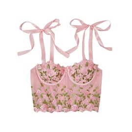 WDIRARA Women's Floral Embroidered Mesh Camisole Sheer Crop Top Tie Shoulder Sleeveless Bustier Corset Tops Pink Large