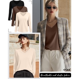 Ficerd 3 Pack Women's Long Sleeve Shirts, V Neck Cotton Casual Tops Loose Fit Solid Soft T-Shirts Curved Hem Basic Tees 2025(Black, Apricot, Coffee,Large)
