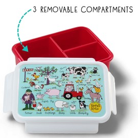 Tyrrell Katz Kids Farm Printed Large Bento Lunch Box in Blue - Children's Food Container with Clip Lock Lid and 3 Inner Dividers - 18.5 x 14.5 x 6.0 cm