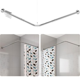 Yampos L Shaped Corner Shower Curtain Rod, 24.3"-48" x 24.3"-48" Adjustable 90 Degree Right Angled Shower Rod Square Curtain Rail for Bathroom Bathtub with 12 Hooks & Ceiling Support - Brushed Nickel