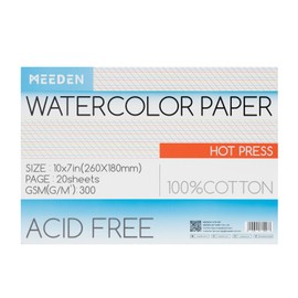 MEEDEN Watercolour Paper Block, 100% Cotton Watercolour Paper Pad of 20 Sheets, 140lb/300gsm, Acid-Free Art Paper for Watercolour, Gouache, Ink and More, 10" x 7" Hot Press