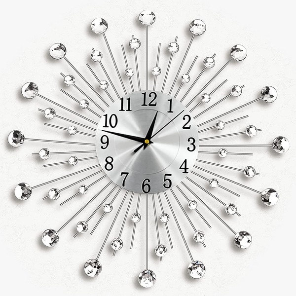 Crystals Silver Metal Wall Clock, Large Luxury Handcrafted Metal Art Wall Clock, Diamante Beaded Jeweled Sunburst Pattern Retro Style Digital Needle Wall Clock, Silver (Diamante - 45 cm)