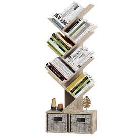 Vagusicc 6 Tier Tree Bookshelf, Small Bookcase with Storage Cabinet, Modern Tall Narrow Bookshelves Organizer, Floor Standing Book Shelf for Bedroom/Living Room/Home Office/Corner, Rustic Greige