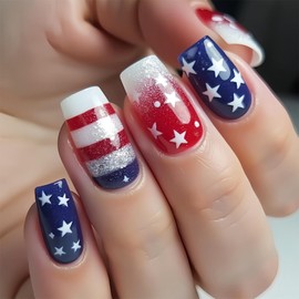 24pcs 4th of July Press on Nails Short Square Independence Day Star Fake Nails with Designs French Tip False Nails Glitter Stick on Nails Red Blue Full Cover Acrylic Nails Glue on Nails for Women