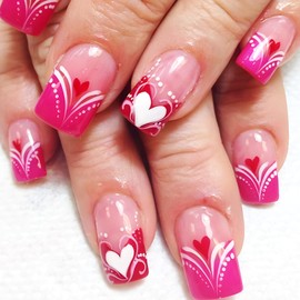 Red Love Heart Press on Nails Valentines Acrylic Medium Square Fake Nails 24Pcs Glossy Pink Gradient False Nails Polk Dots Stick on Nails Romantic Gift Gel Glue on Nails for Coquette Women Girls