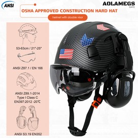 Aolamegs Safe Hard Hat with Ear Protection and Double Visor - Carbon Pattern Hard Hats with Safety Glasses and Earmuffs Construction OSHA Approved for Men, Vented Safety Helmet Hard Hat with Strap