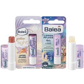Balea 2er-Set Lippenpflege: Pflegestift GOLDEN LIGHT für weiche Lippen mit sanfter Farbe, Pflegekern & sommerlich-blumigem Duft (4,8 g) + Pflegestift MAKE A WISH Bienenwachs & Sheabutter (4,8g), 9,6 g