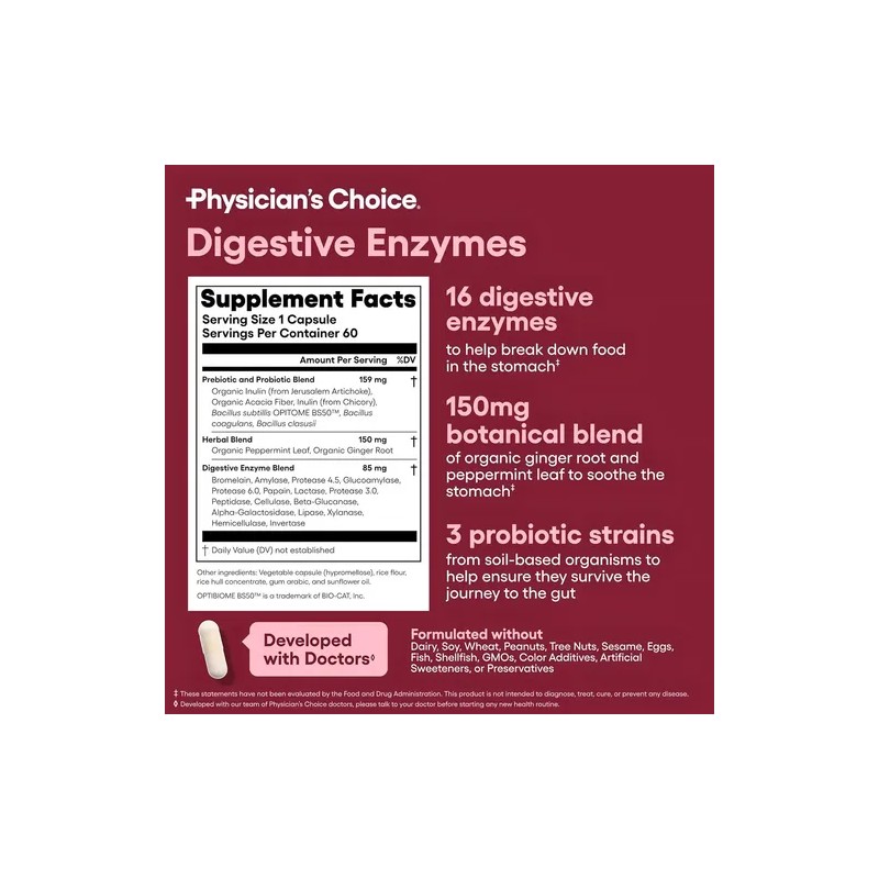 Physician's Choice Digestive Enzymes 60 Cap Sabor Sin Sabor