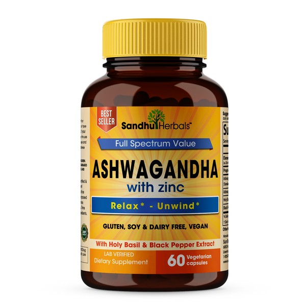Sandhu Herbals Ashwagandha with Zinc Black Pepper Extract | Stress Relief 60CT