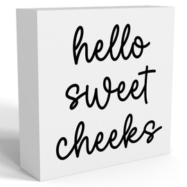 FXEFXE Hello Sweet Cheeks Bathroom Decor, Bathroom Signs Decor, Black and White Bathroom Decor, Funny Bathroom Decor, Bathroom Decor for Shelves, Wooden Box Decor Sign for Home Farmhouse Living Room Table