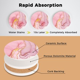 ALSNWNZ Pink Coasters Set of 6, Absorbent Ceramic Coasters for Drinks with Gold Holder, Cork Backing, for Table Home Kitchen Decor Housewarming