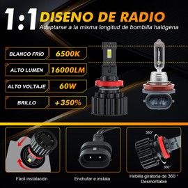 Focos de Faros Delanteros LED H11 - Kit De Faros Auto 6500 K,60W 16000LM,Chip Csp Alto Brillo Blanco Frío Impermeable IP68 Adaptable a todo tipo de inclemencias meteorológicas 2 PCS