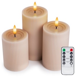 West Ivory Fluted Ribbed LED Pillar Candles, Blush Beige, with Reflective Melted-Wax Effect – Flickering Flame, Remote, Dimmable, Flameless, Battery Operated, Home & Wedding Decor (Set of 3)