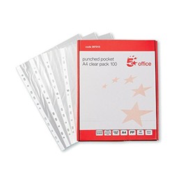 5 Star Office Punched Pocket Polypropylene Top-opening 40 Micron A4 Clear [Pack 100]