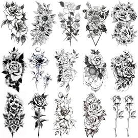 Yesallwas Temporary Tattoos For Women Girls 15 Sheets Black Flower Realistic Long-lasting Tattoo Stickers Waterproof Tattoo Sets for Arm Leg Body Art