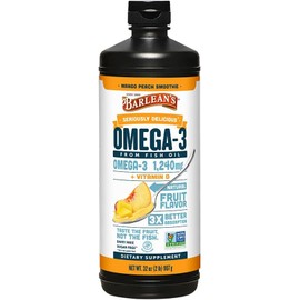 Barlean's Mango Peach Omega 3 Fish Oil Liquid Supplement with Vitamin D, 1080mg EPA & DHA Fatty Acid, Smoothie Flavored & Burpless for Brain, Joint, & Heart Health, 32 oz
