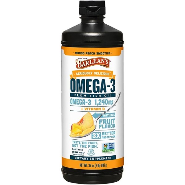 Barlean's Mango Peach Omega 3 Fish Oil Liquid Supplement with