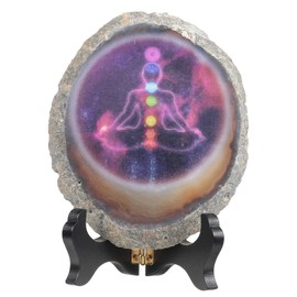 KYEYGWO 7 Chakra Agate Discs Ornament with Wooden Stand, Irregular Agate Slices Gemstone Reiki Healing Stone Feng Shui Decoration for Meditation, Amulet, Chakra Balance