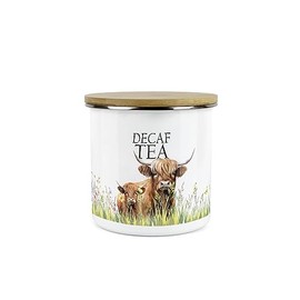 Purely Home Highland Cow & Calf Decaf Tea - Country Farm - White Metal Enamel Medium Sized Kitchen Food Storage Container