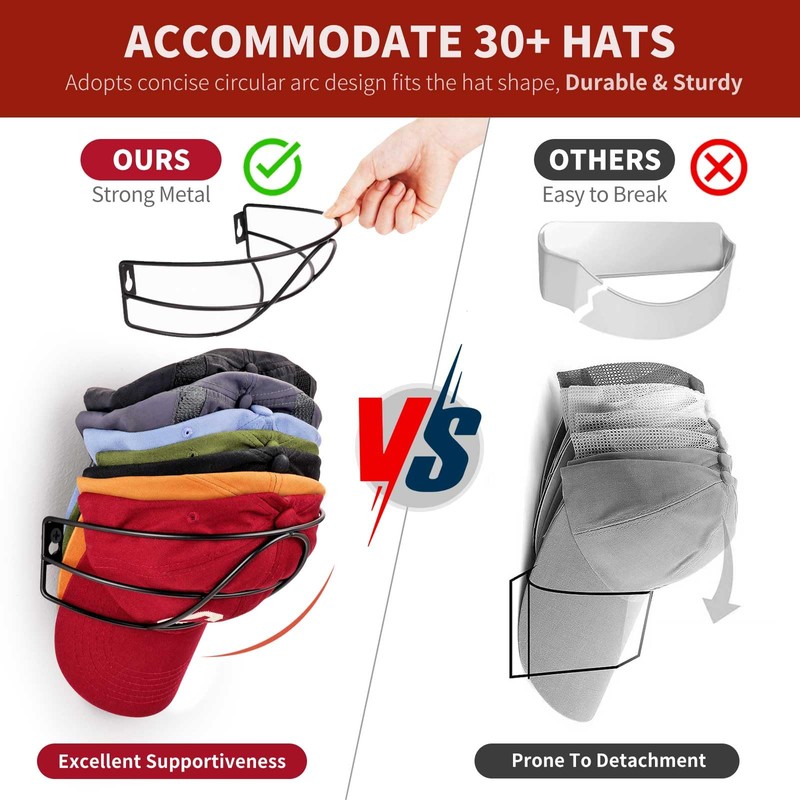 Livelab Hat Rack Wall Mount, [2-Pack] Metal Hat Organizer for