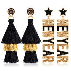 Happy New Year Earrings Beaded 2023 Earrings Rhinestone Letter NYE Star Hat Drop Dangle Earrings Layered Tassel Earring Set Festive Party Holiday Earrings New Year Gifts (NewYear&Tassel)