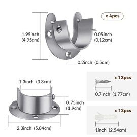 4 Packs Stainless Steel Wardrobe Bracket U-Shaped Rod Socket Flange 1-1/4" Diameter Heavy Duty Closet Rod Brackets End Supports for Closet Rod with Screws (Silver)